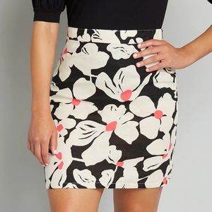 Modcloth My, How Marvelous Mini Skirt Linen Blend Black White Floral